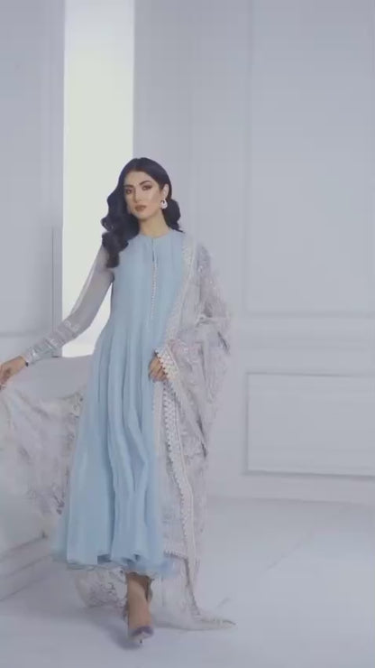 Light Blue Pure Chiffon Flairy Frock Stitched 3pc - RW3-43
