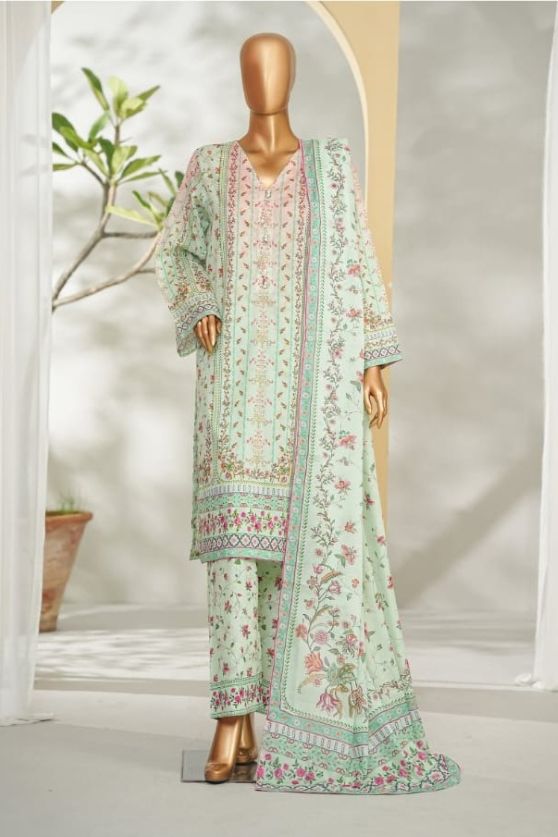 Bin Saeed green printed lawn 3pc suit - front view