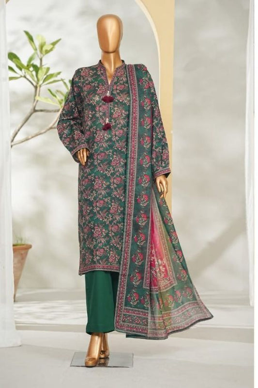 Bin Saeed dark green printed lawn 3pc suit - front view