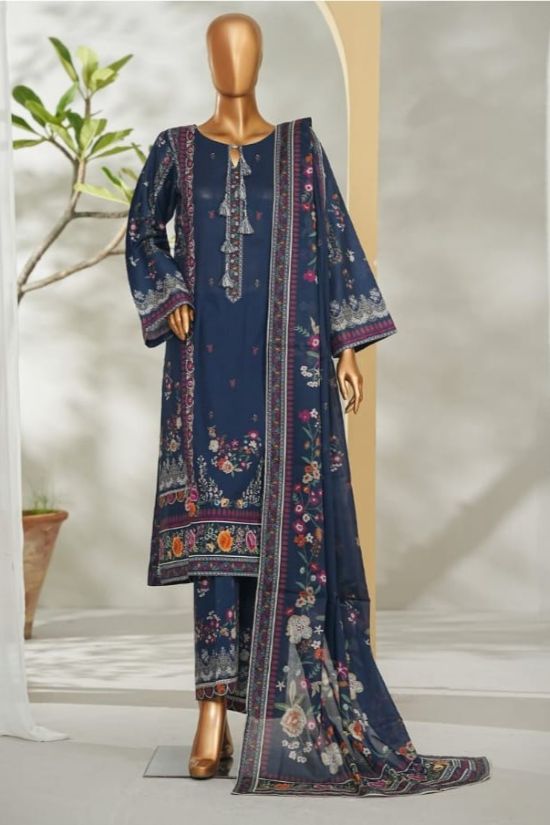Bin Saeed navy blue printed lawn 3pc suit - front view