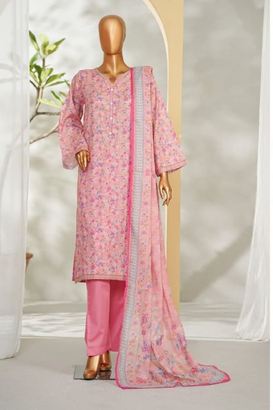 Bin Saeed pink printed lawn 3pc suit - front view