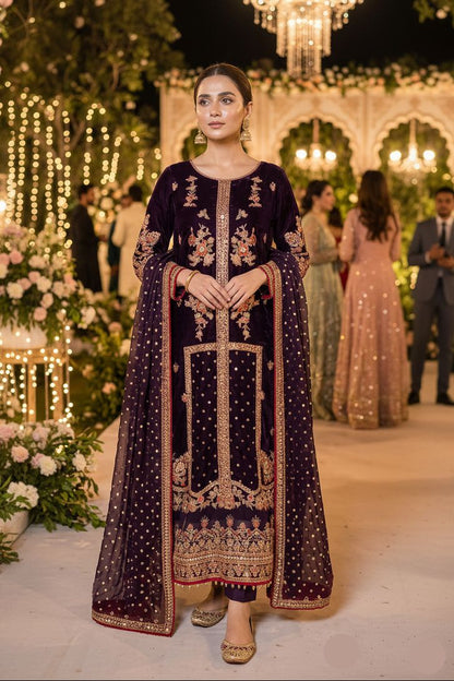Maria.B Inspired Purple Embroidered Chiffon Suit – Stitched 3pc - RW3-110