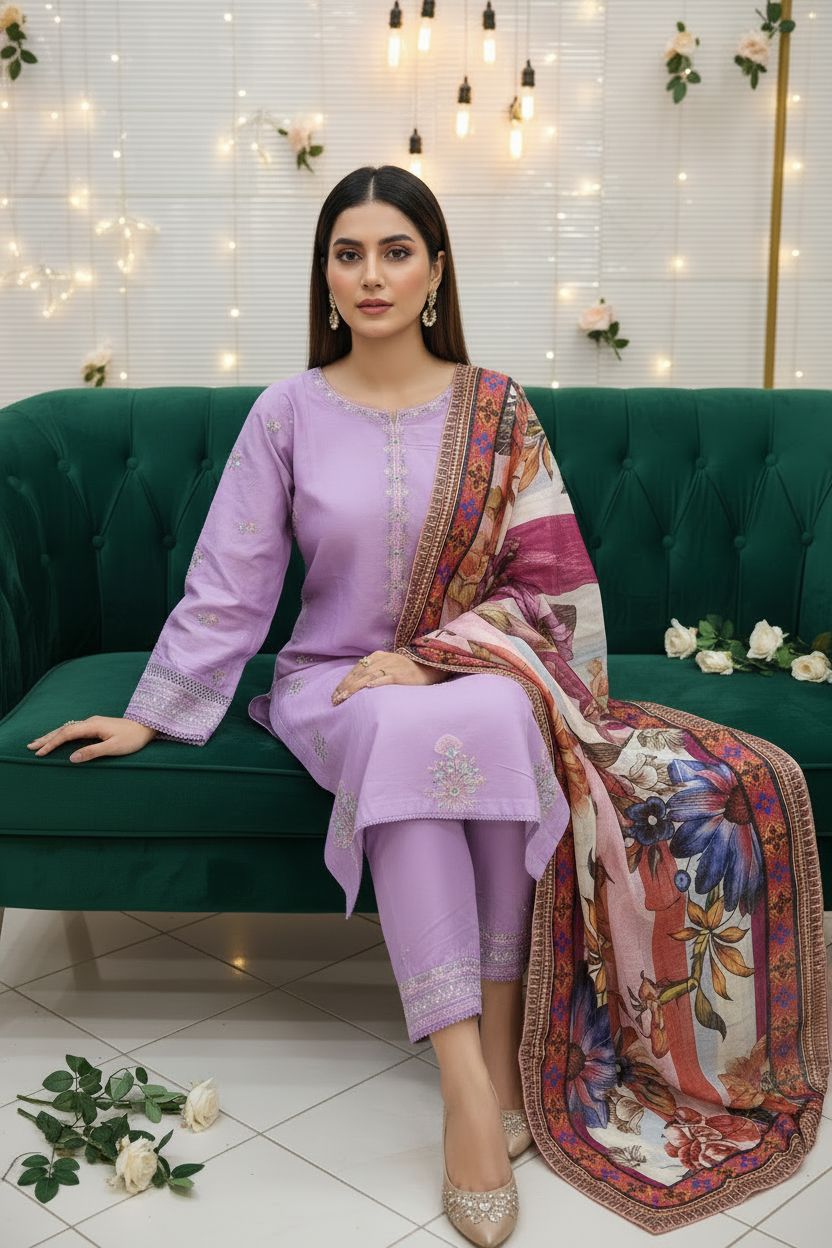 Embroidered lawn 3pc with zari, sequence and thread work - Printed dupatta