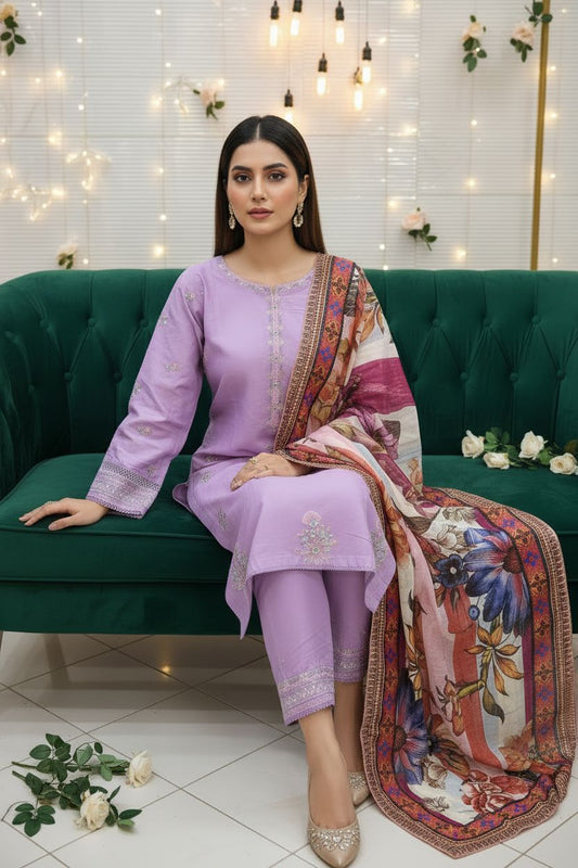 Embroidered lawn 3pc with zari, sequence and thread work - Printed dupatta