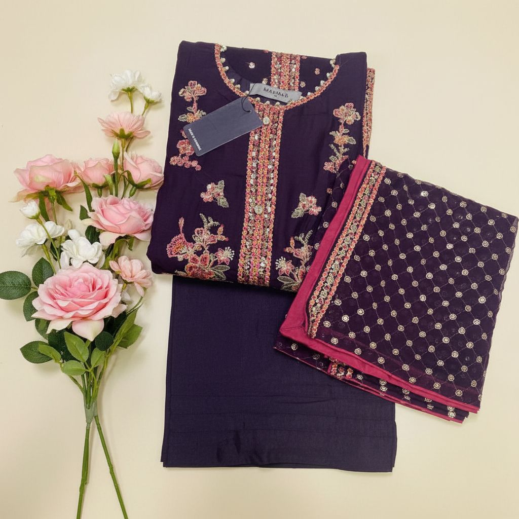Maria.B Inspired Purple Embroidered Chiffon Suit – Stitched 3pc - RW3-110