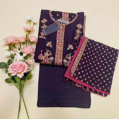 Maria.B Inspired Purple Embroidered Chiffon Suit – Stitched 3pc - RW3-110
