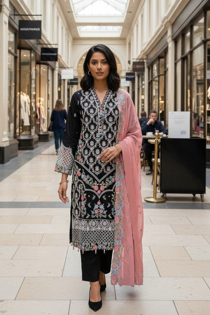 Sana Safinaz Inspired Black Embroidered Cotton Lawn Suit – Stitched 3pc-RW3-152