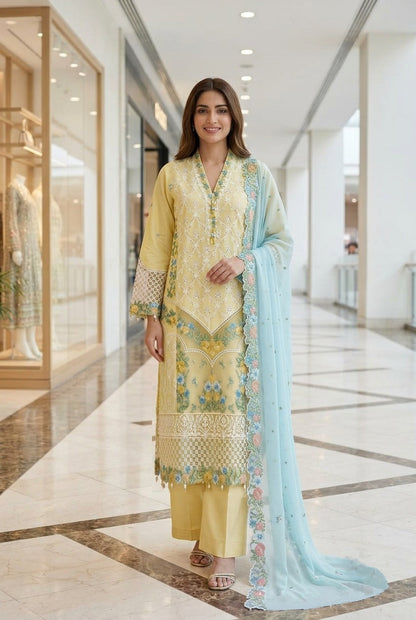 Sana Safinaz Inspired Yellow Embroidered Cotton Lawn Suit – Stitched 3pc-RW3-153