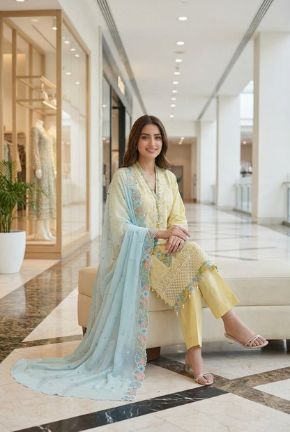 Sana Safinaz Inspired Yellow Embroidered Cotton Lawn Suit – Stitched 3pc-RW3-153