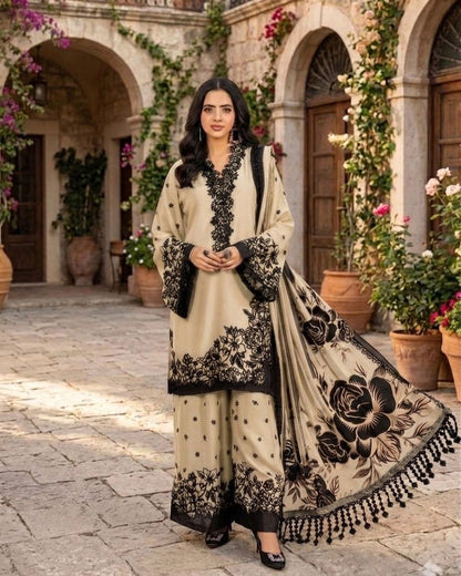 Sana Safinaz Inspired Greenish Gray Embroidered Lawn Cotton Suit–Stitched 3pc -RW3-94