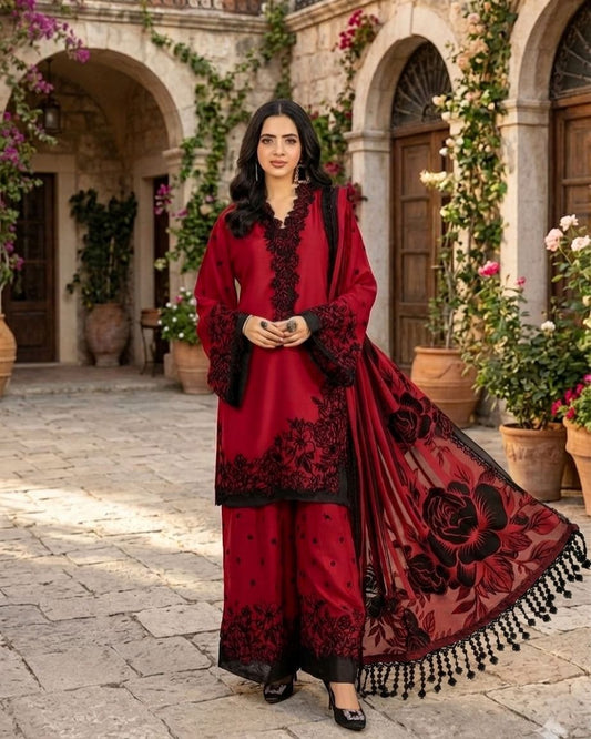 Sana Safinaz Inspired Maroon Embroidered Lawn Cotton Suit –Stitched 3pc-RW3-93