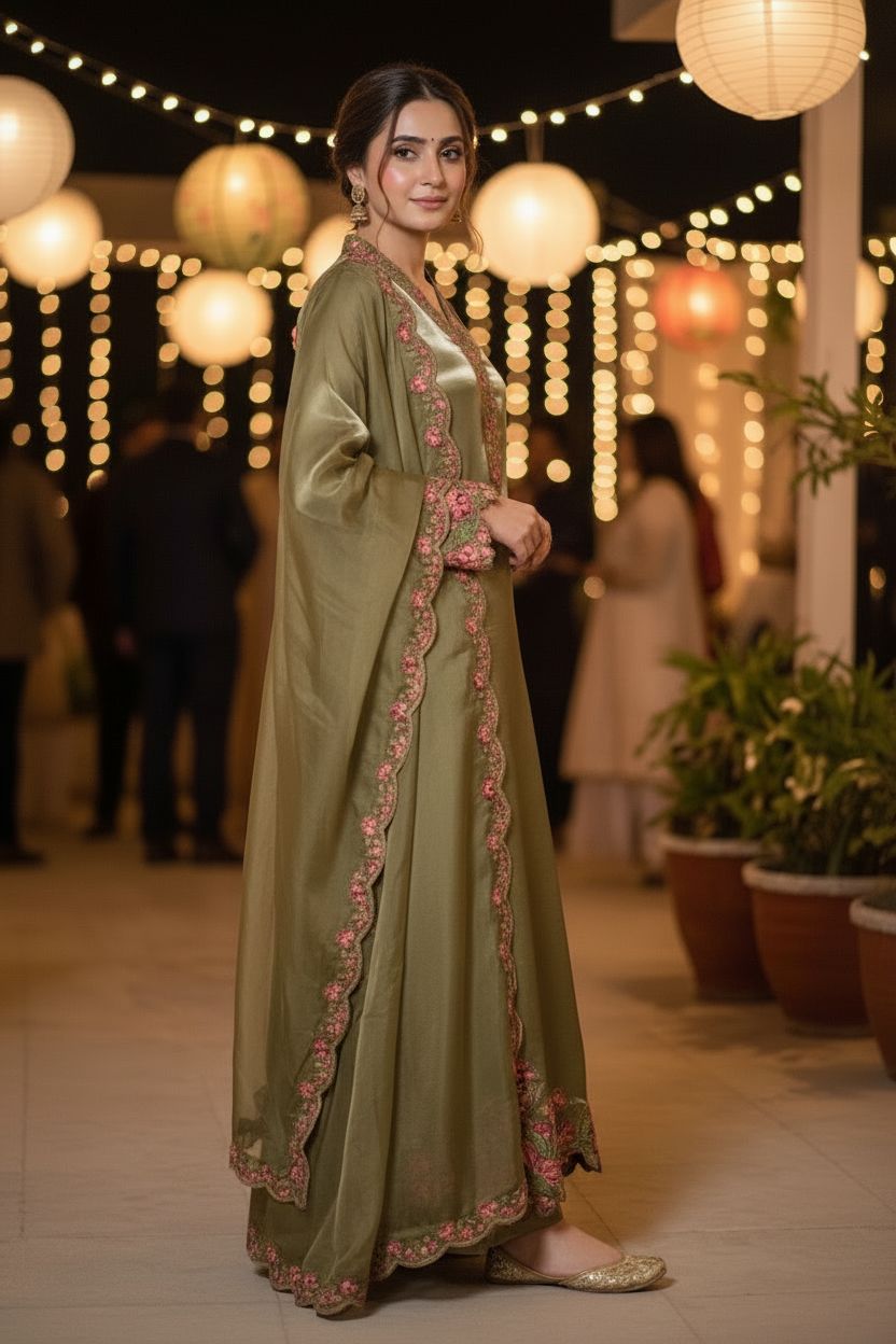 Sana Safinaz Inspired Green Embroidered Sheesha Silk Kaftan – Stitched 3pc-RW3-120