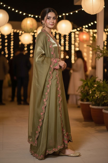 Sana Safinaz Inspired Green Embroidered Sheesha Silk Kaftan – Stitched 3pc-RW3-120
