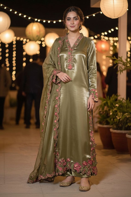 Sana Safinaz Inspired Green Embroidered Sheesha Silk Kaftan – Stitched 3pc-RW3-120