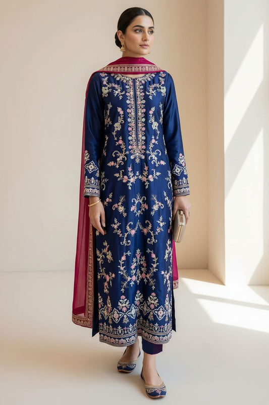 Blue Embroidered Silk Suit – Stitched 3pc-RW3- 99