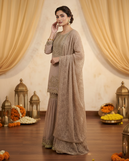 Agha Noor Inspired Skin Chiffon Gharara Suit – Stitched 3pc-RW3-88