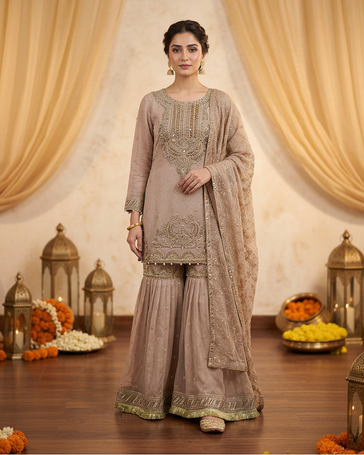 Agha Noor Inspired Skin Chiffon Gharara Suit – Stitched 3pc-RW3-88