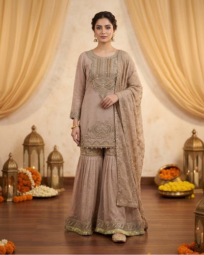 Agha Noor Inspired Skin Chiffon Gharara Suit – Stitched 3pc-RW3-88