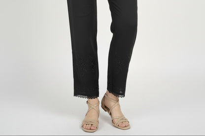 J. Embroidered Black Lawn Trousers For Women