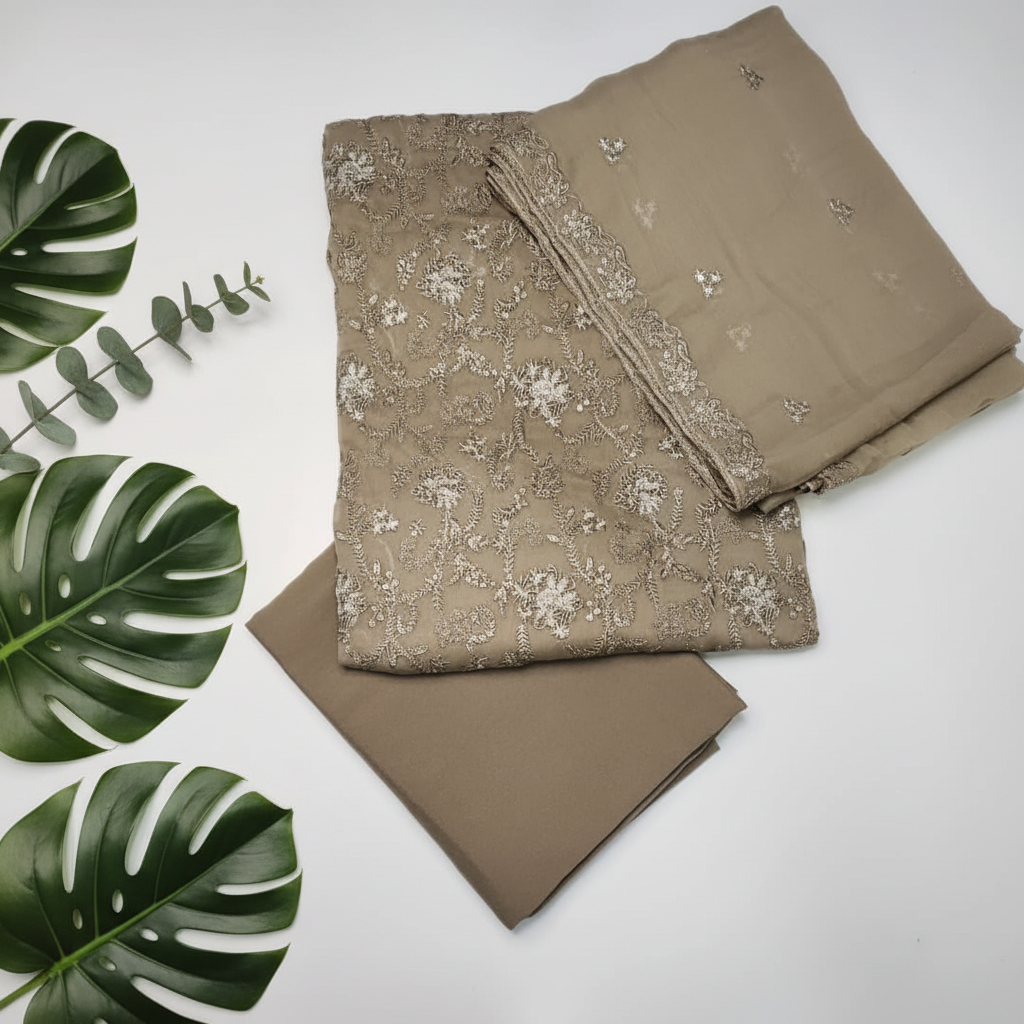 Luxury embroidered chiffon unstitched suit for weddings and festivals - full set display