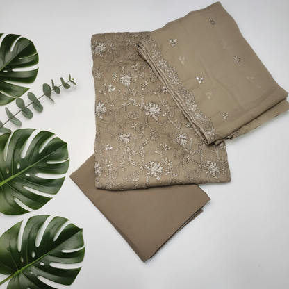 Luxury embroidered chiffon unstitched suit for weddings and festivals - full set display