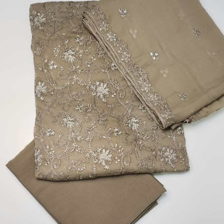 Premium chiffon unstitched 3pc ensemble with intricate embroidery detailing - close-up view