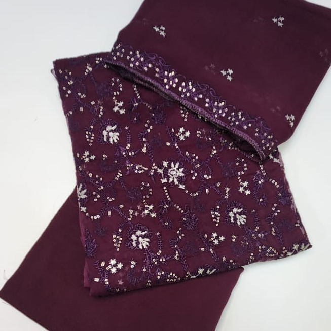 Luxury embroidered chiffon unstitched suit for weddings and formal events - full set display