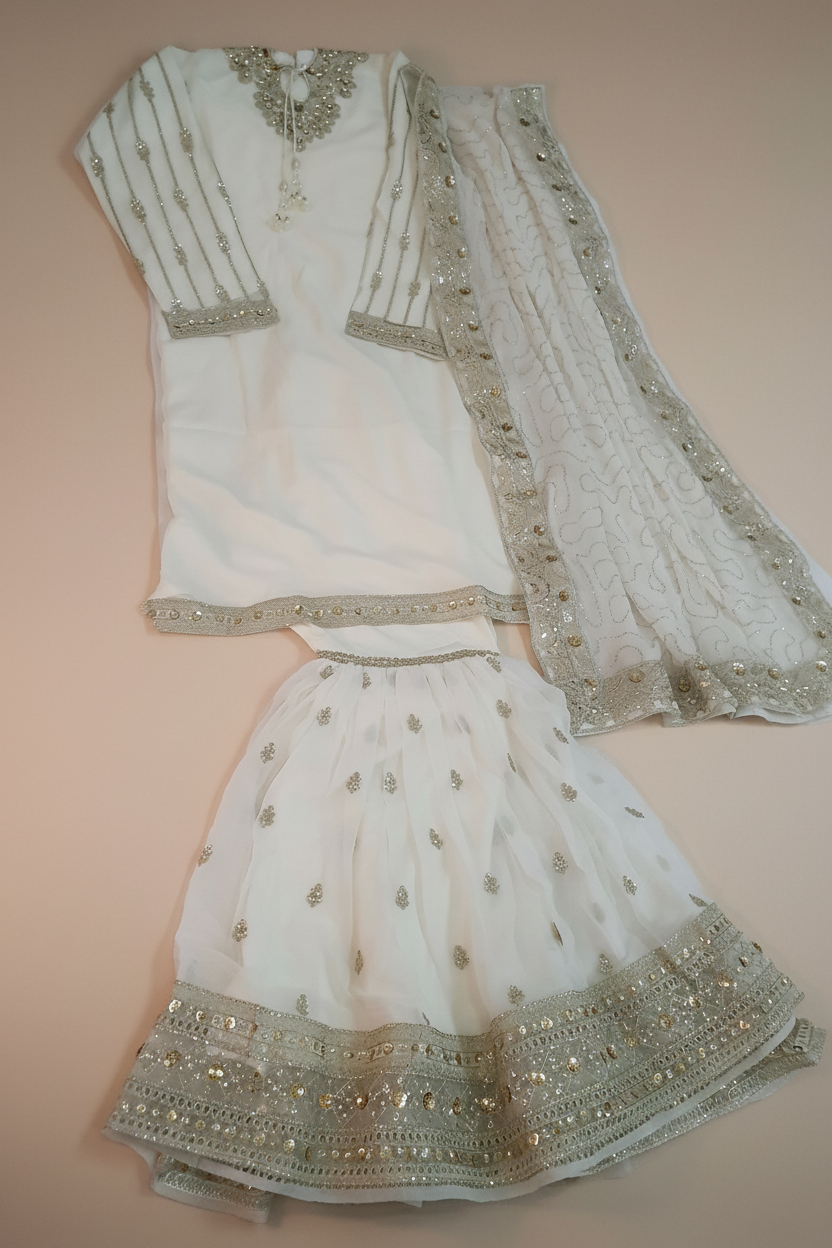Agha Noor Inspired White Chiffon Gharara – Stitched 3pc-RW3-232