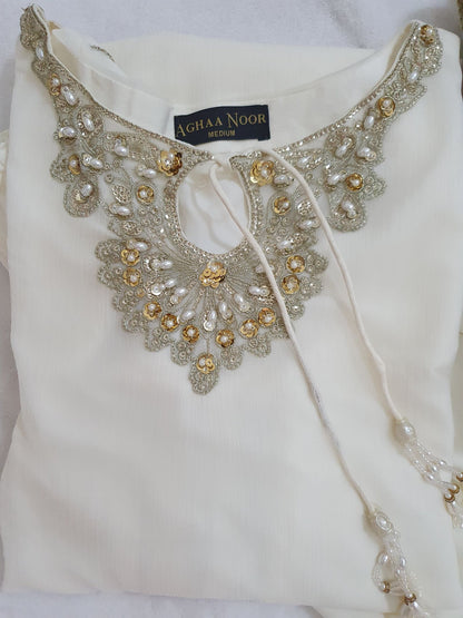 Agha Noor Inspired White Chiffon Gharara – Stitched 3pc-RW3-232