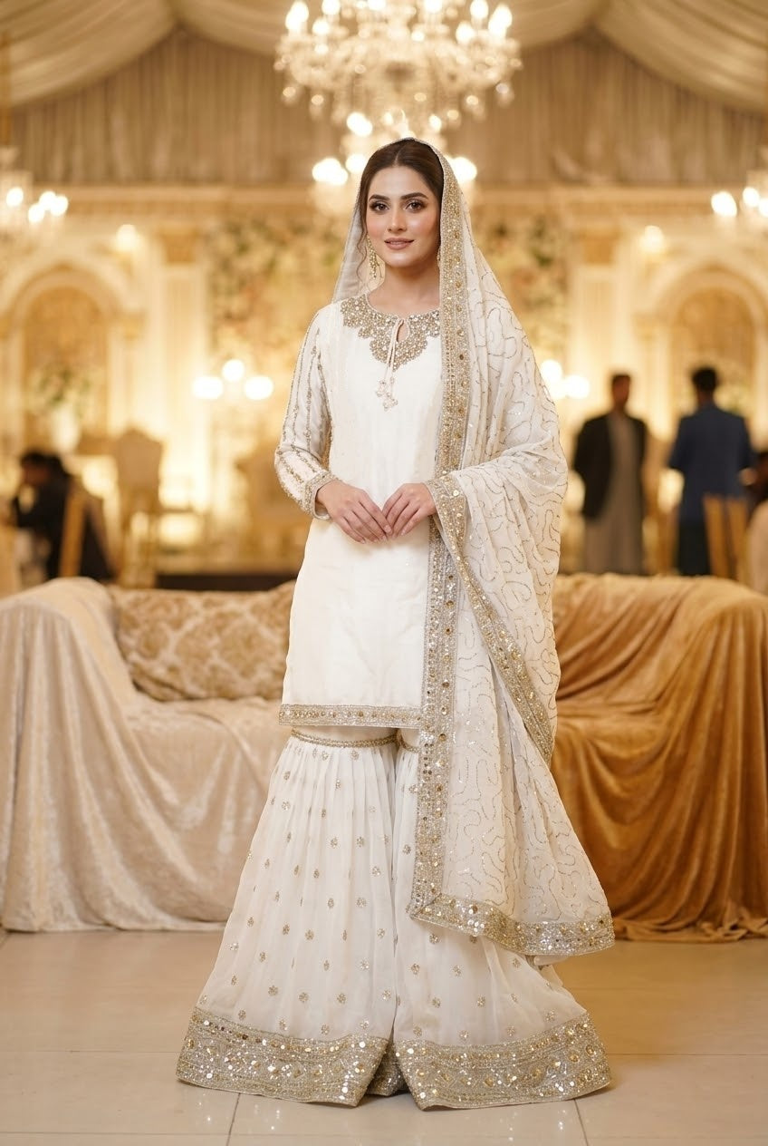 Agha Noor Inspired White Chiffon Gharara – Stitched 3pc-RW3-232