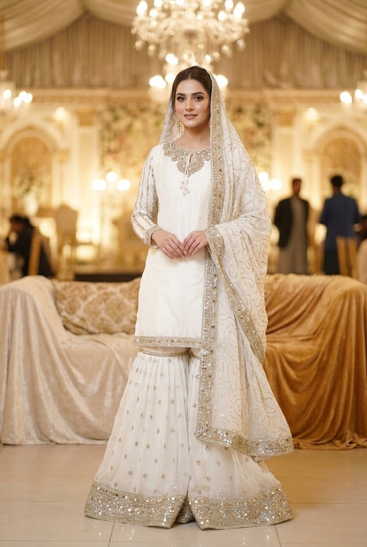 Agha Noor Inspired White Chiffon Gharara – Stitched 3pc-RW3-232