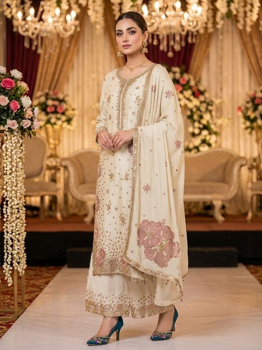 Agha Noor Inspired Cream Muse Work Chiffon Suit – Stitched 3pc-RW3-115