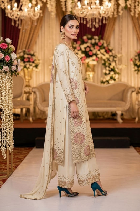 Agha Noor Inspired Cream Muse Work Chiffon Suit – Stitched 3pc-RW3-115