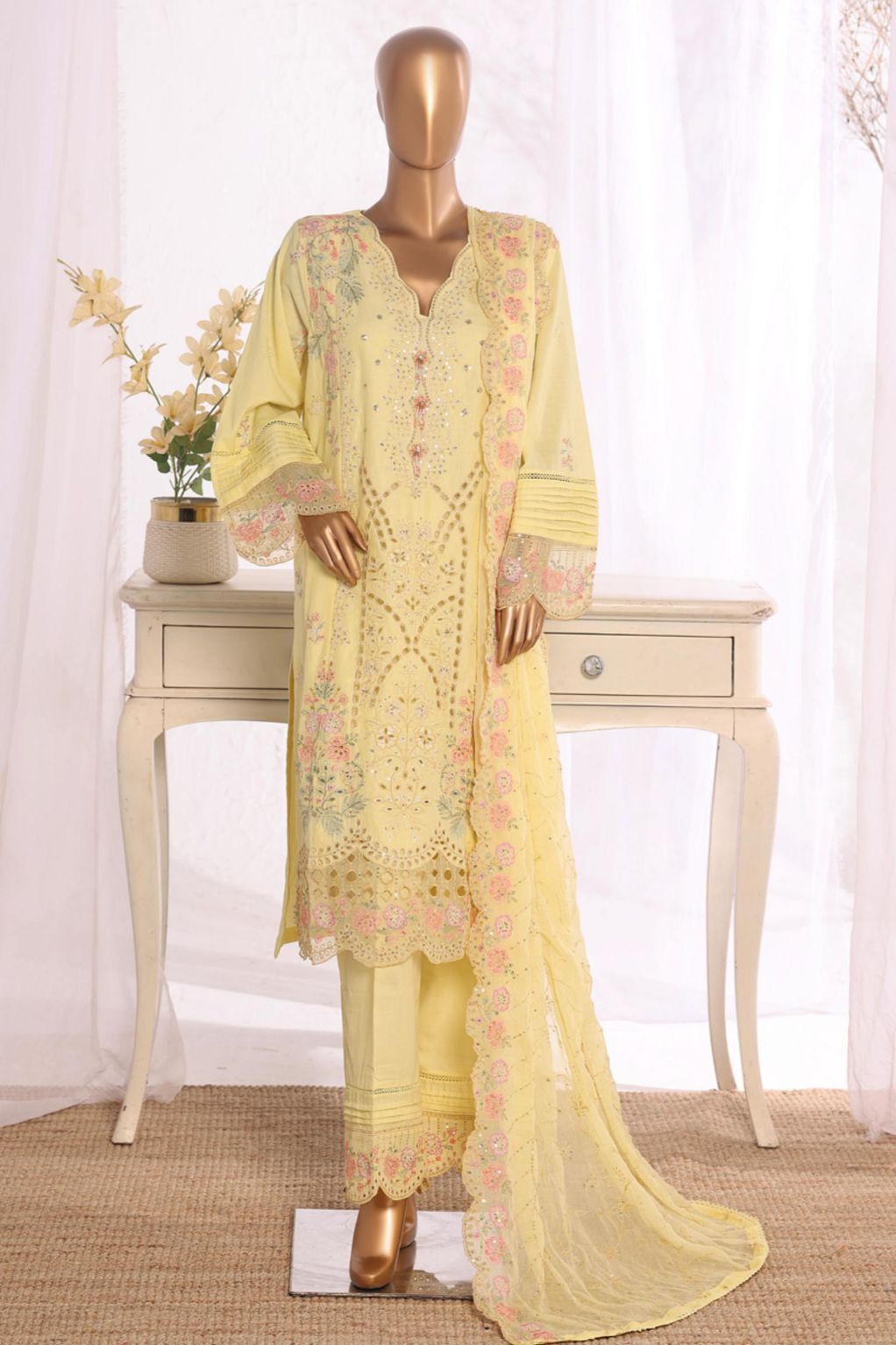 Bin Saeed Yellow Embroidered Cotton Stitched 3pc 