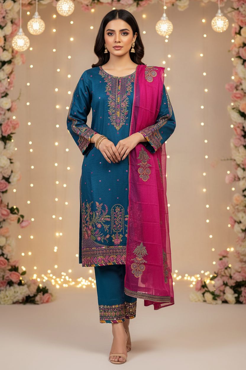 Emboridered Chambray Katan- stitched 3pc-RW3-72
