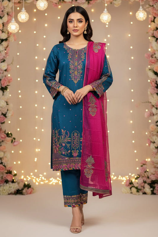 Emboridered Chambray Katan- stitched 3pc-RW3-72