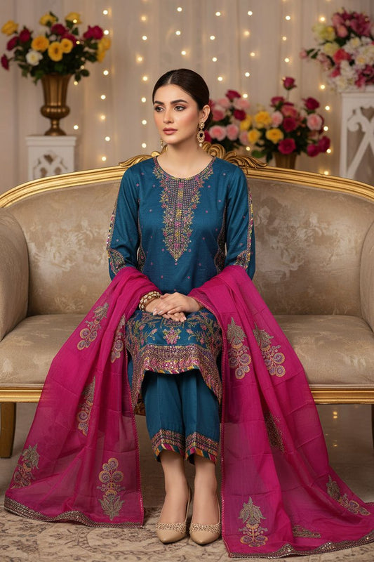 Emboridered Chambray Katan- stitched 3pc-RW3-72